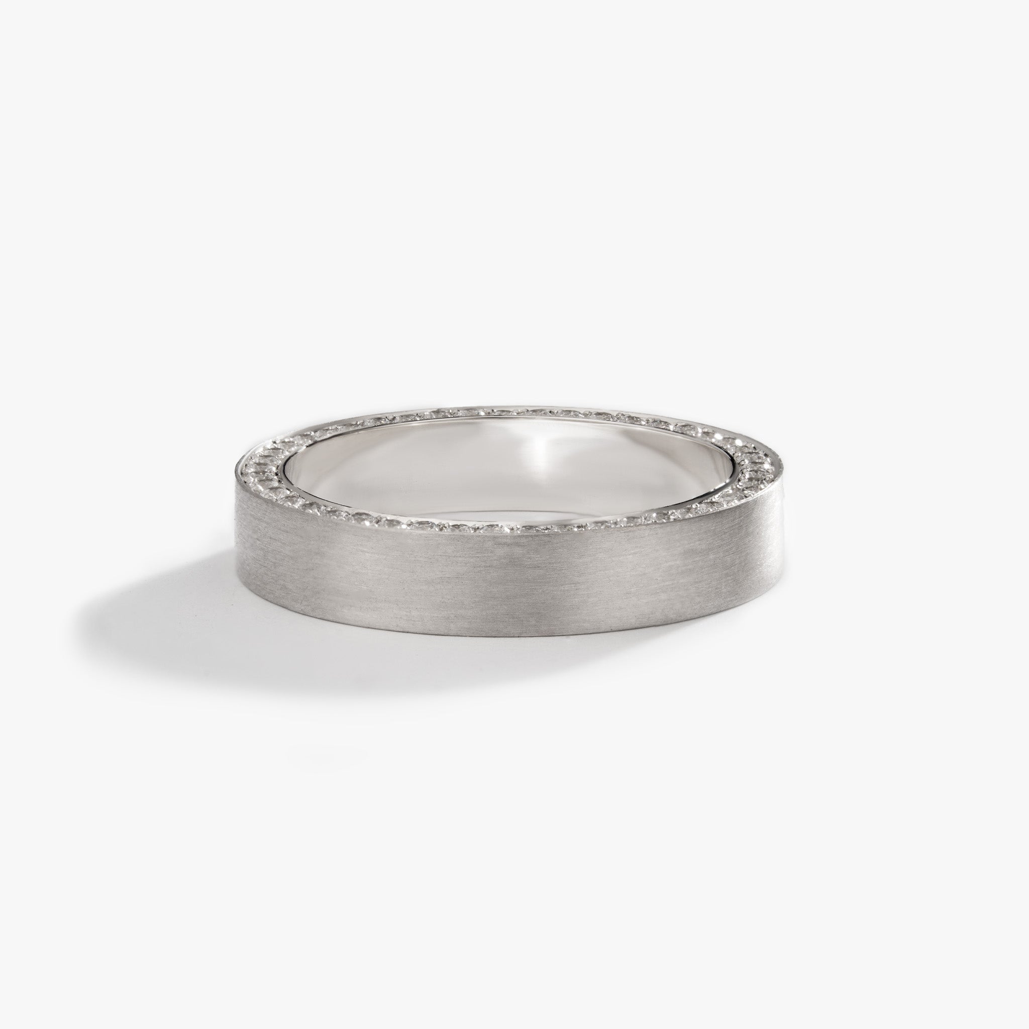 flat edge wide wedding ring band with pave diamond side